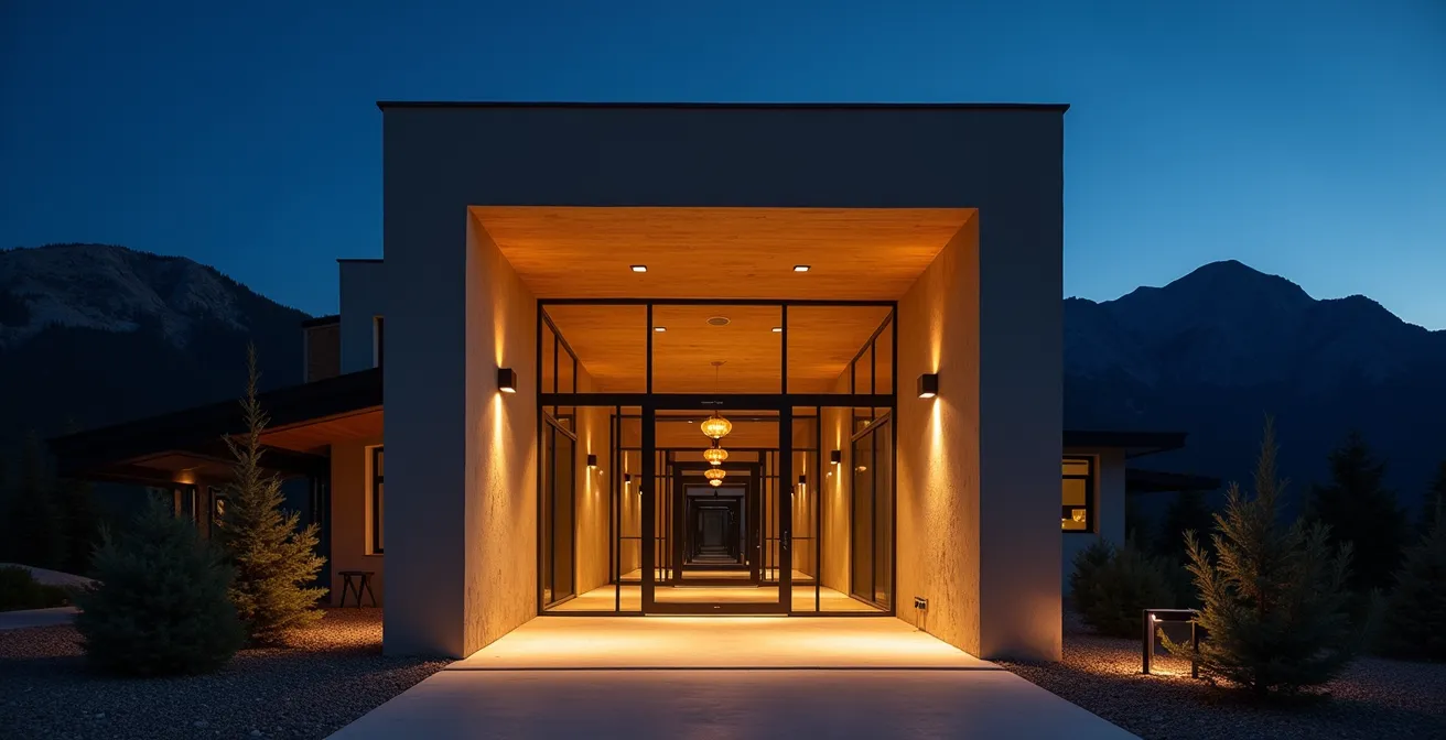 Entrée design et éclairée d'une résidence de tourisme de luxe la nuit, avec un système d'accès moderne et sécurisé.