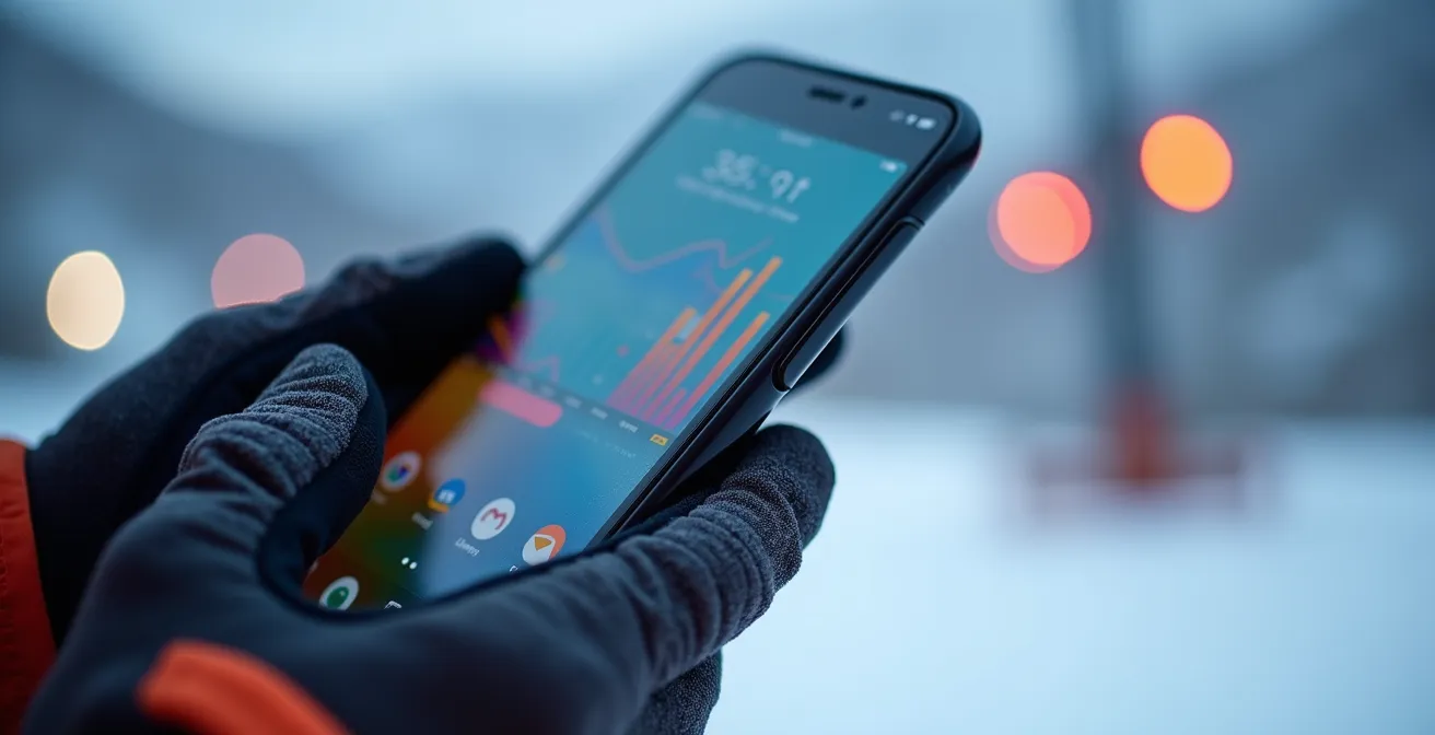Mains tenant un smartphone montrant des graphiques de performance ski avec montagnes en arrière-plan