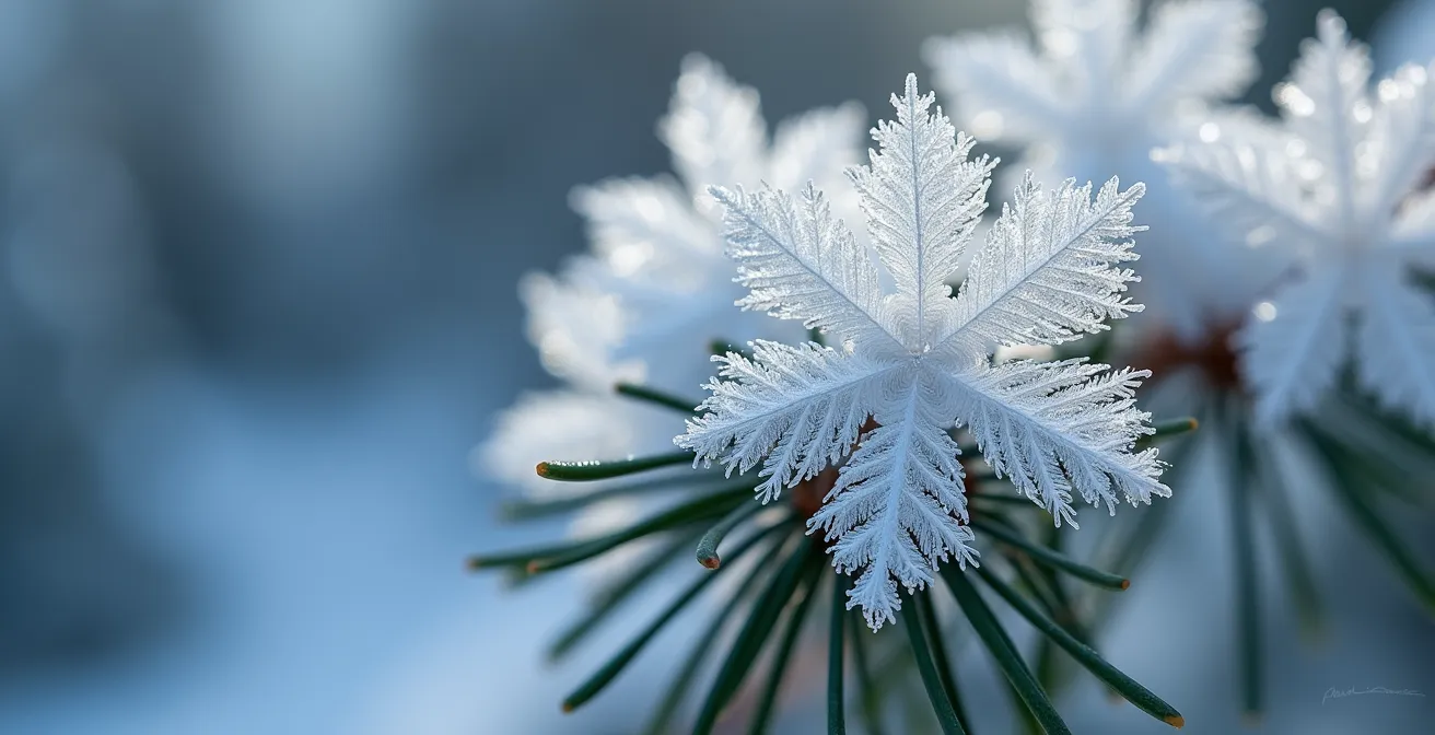 Vue macro de cristaux de neige sur branche de sapin en montagne