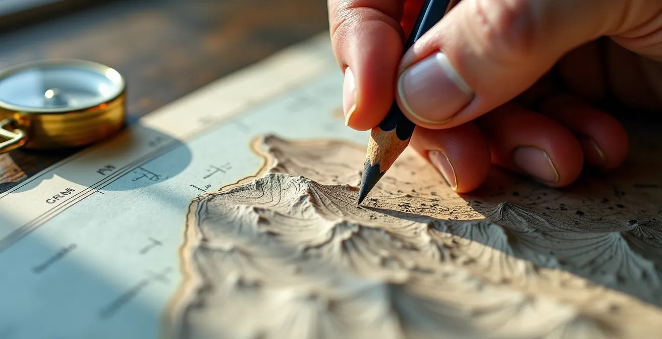 Vue rapprochée d'une main traçant des zones d'ombre et de soleil sur une carte topographique de montagne avec boussole