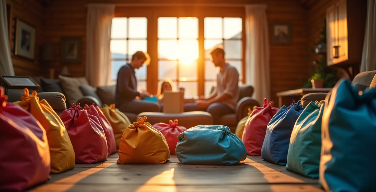Famille organisant ses bagages à l'arrivée dans un chalet de montagne