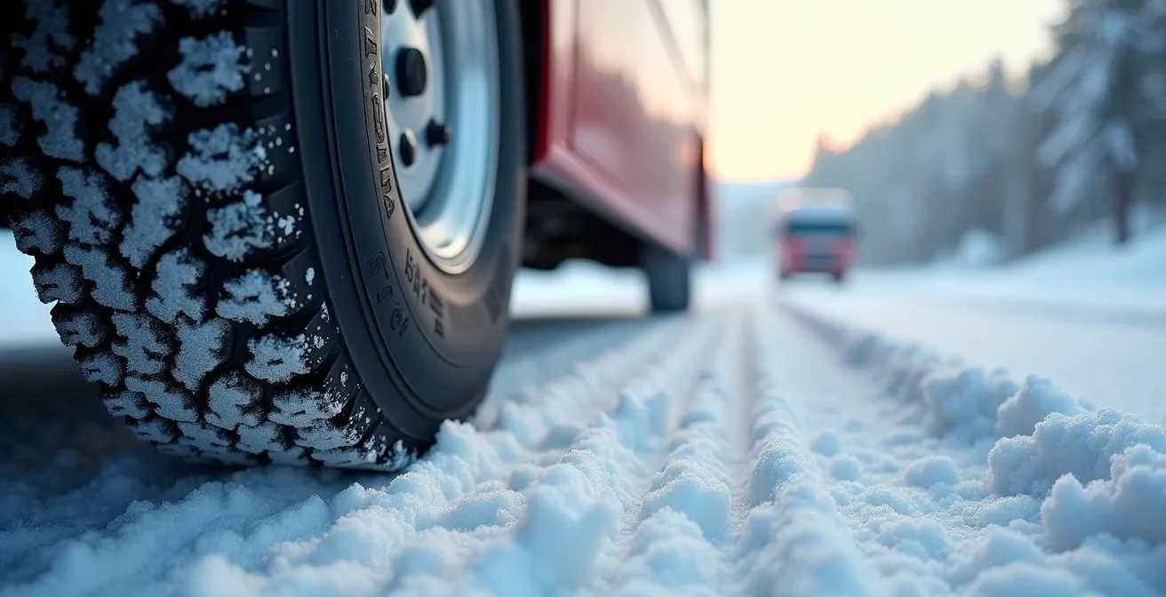 Autocar circulant librement sur une route de montagne enneigée, suggérant un trafic fluide