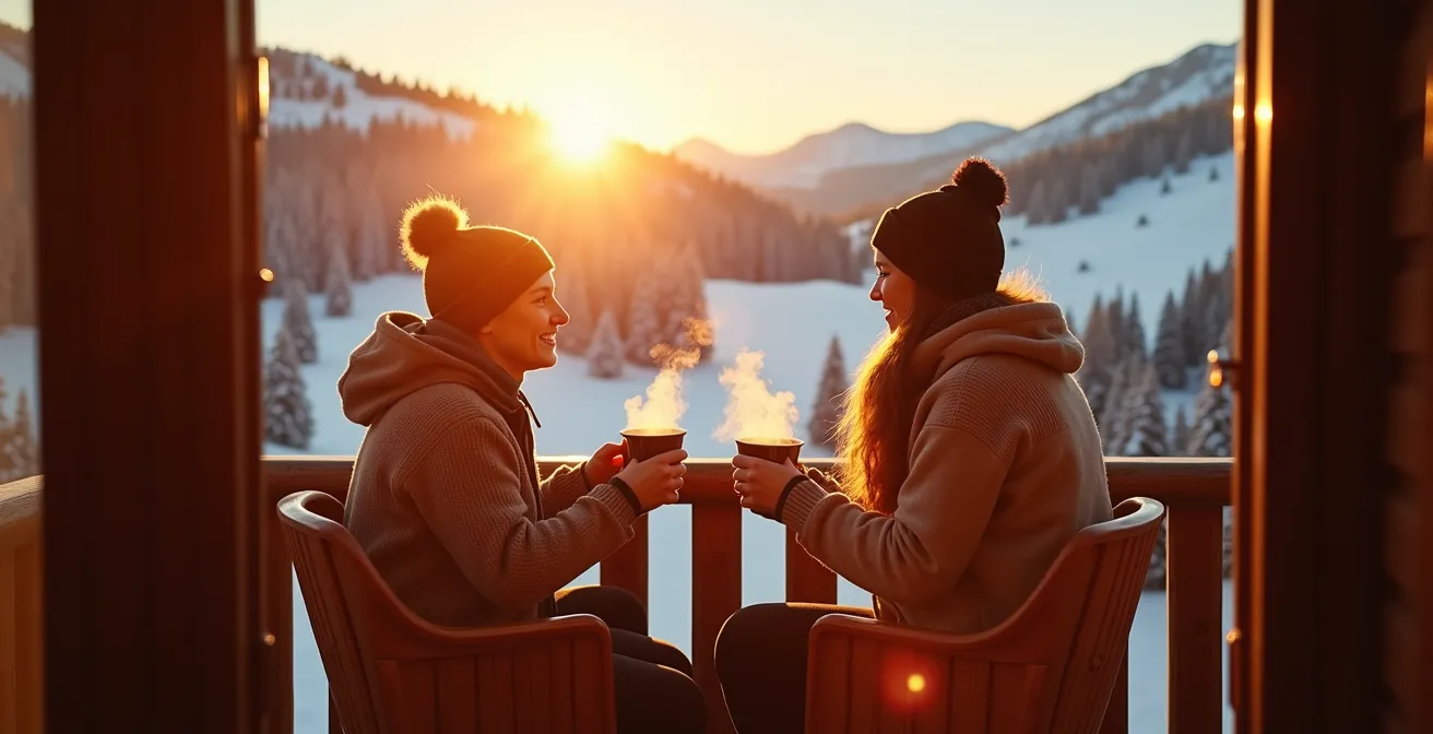 Balcon ensoleillé d'un appartement de montagne avec vue sur les pistes en fin d'après-midi