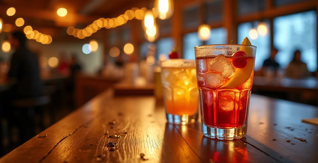Bar de montagne durant l'happy hour avec verres colorés et ambiance conviviale