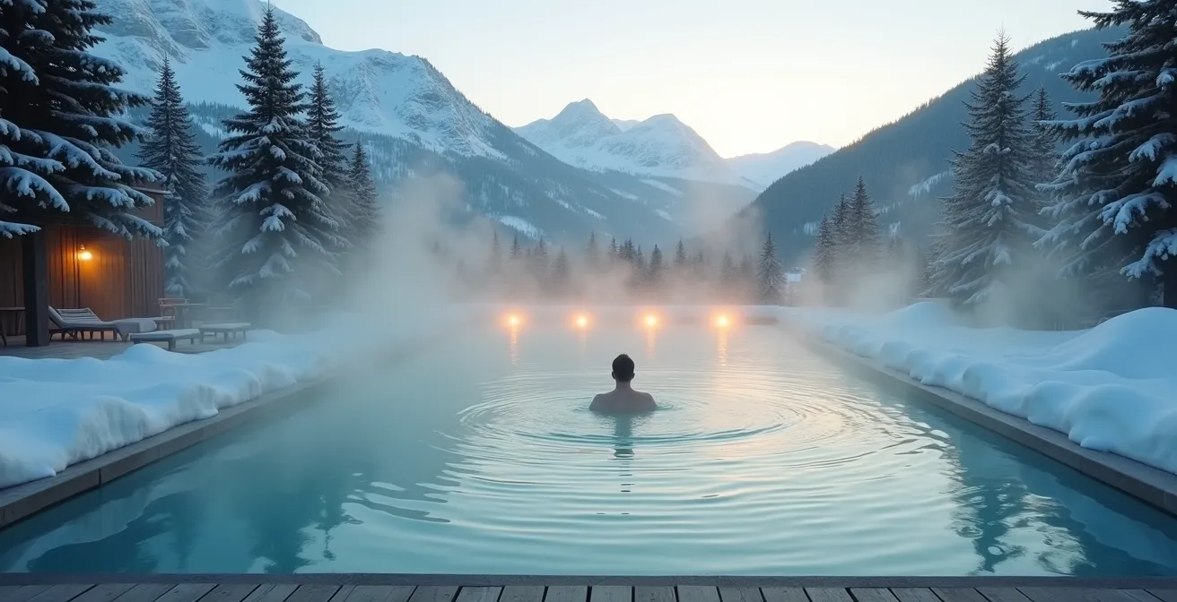 Bassin extérieur chauffé entouré de neige avec vapeur s'élevant dans l'air froid de montagne