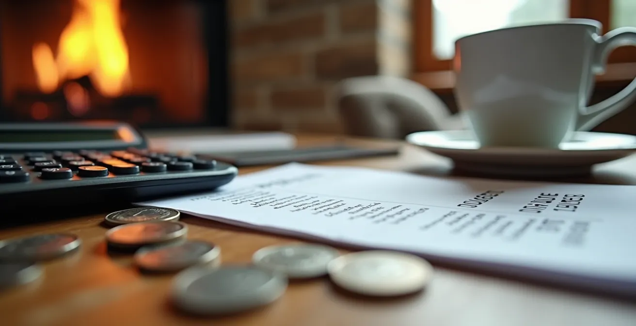 Calculatrice et documents financiers sur bureau en bois avec vue montagne en arrière-plan