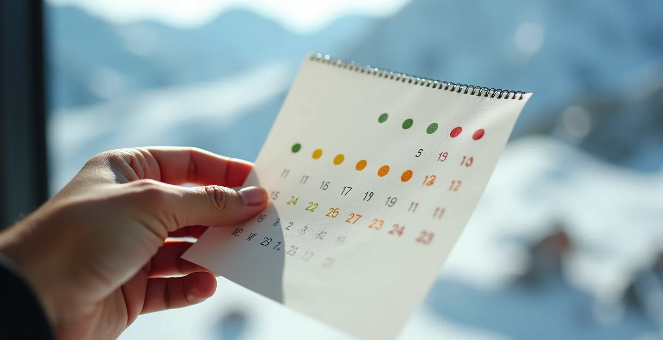 Main tenant un calendrier avec des pastilles de couleur indiquant les périodes de prix, fond de montagne flou
