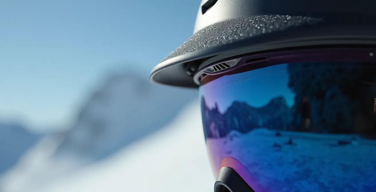 Détail macro d'une visière de casque avec système anti-buée et ventilation