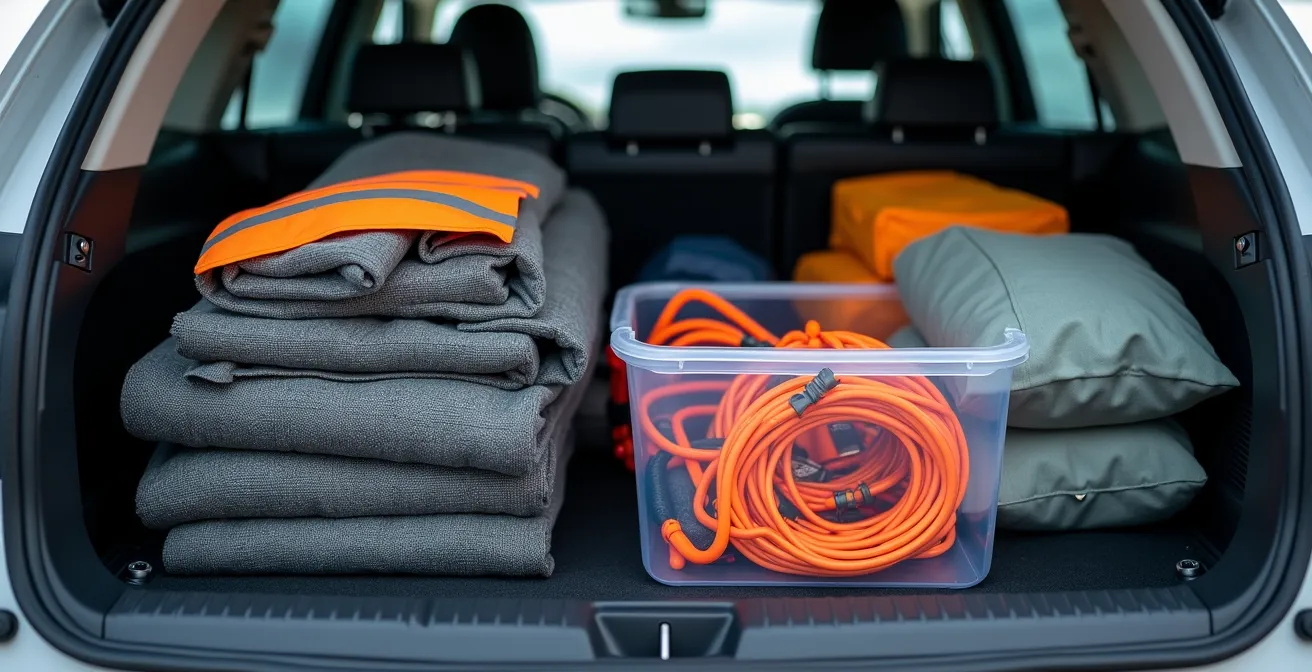 Coffre de voiture méthodiquement organisé avec équipements de ski