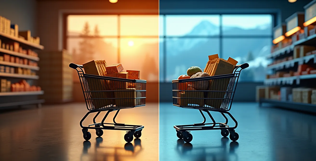 Comparaison visuelle de deux caddies de courses identiques avec étiquettes de prix différentes