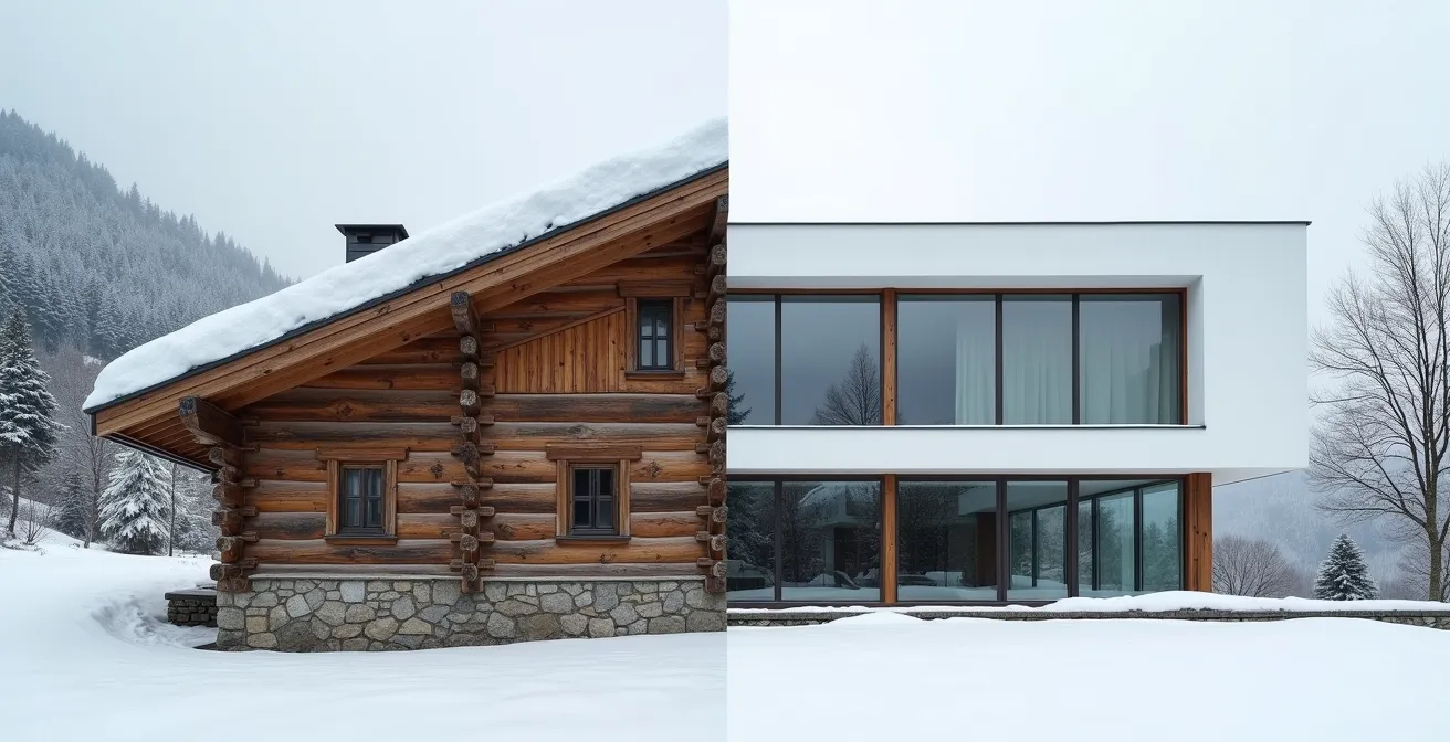 Vue comparative d'un chalet traditionnel en bois et d'une résidence moderne côte à côte en station de ski