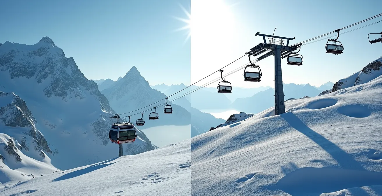 Comparaison visuelle entre une remontée mécanique moderne des Alpes et une installation plus traditionnelle des Pyrénées