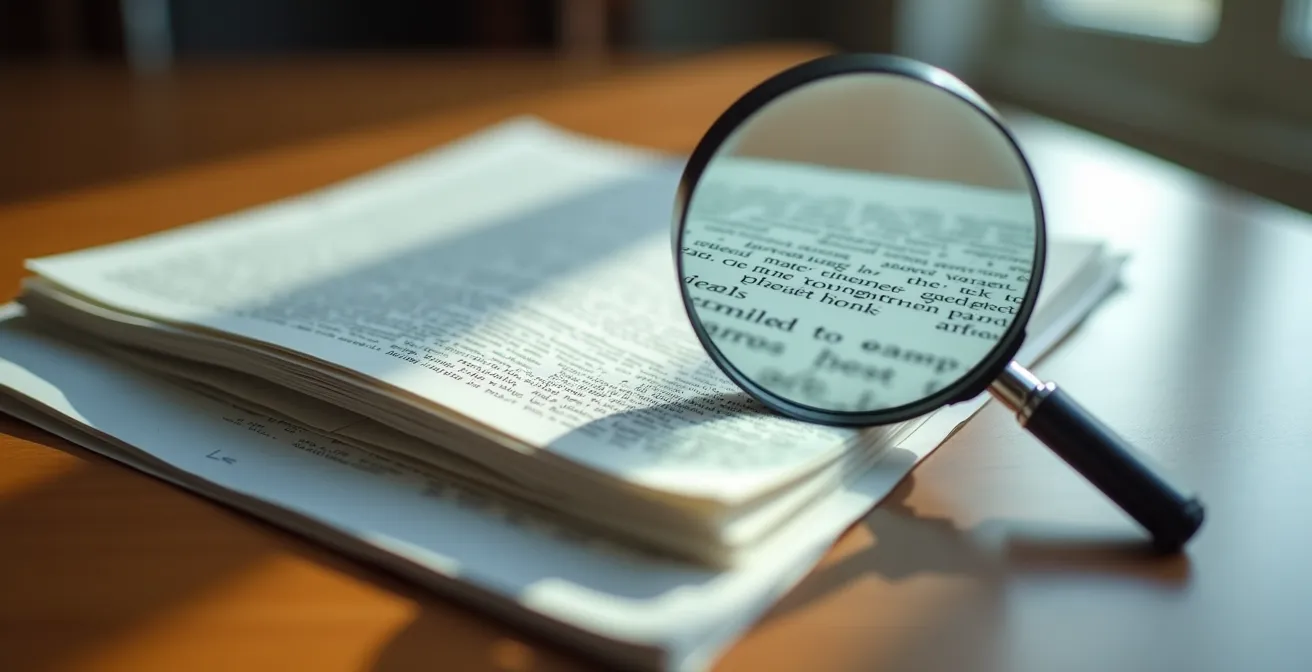 Vue macro de main analysant des documents avec loupe sur bureau en bois