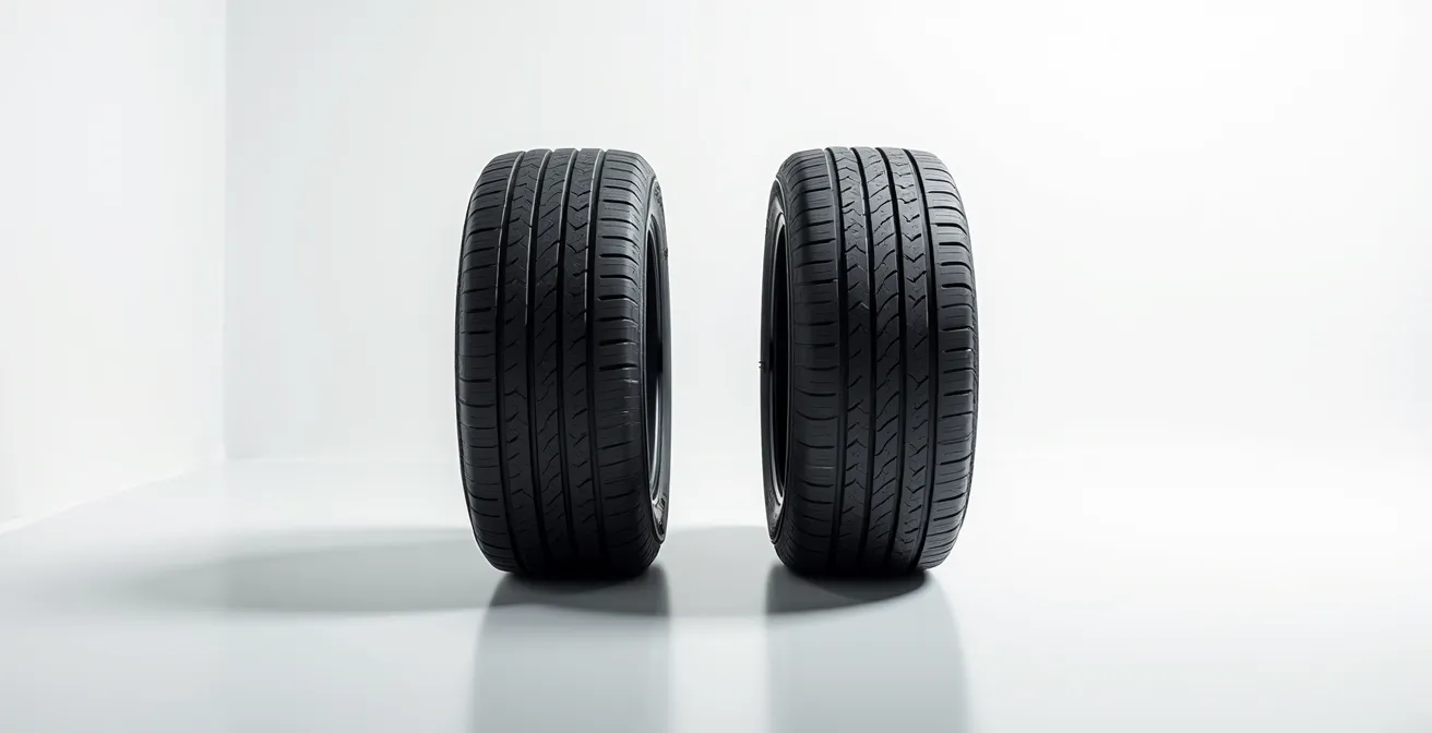 Vue comparative de deux pneus côte à côte montrant les différences de sculpture entre un pneu 4 saisons et un pneu hiver