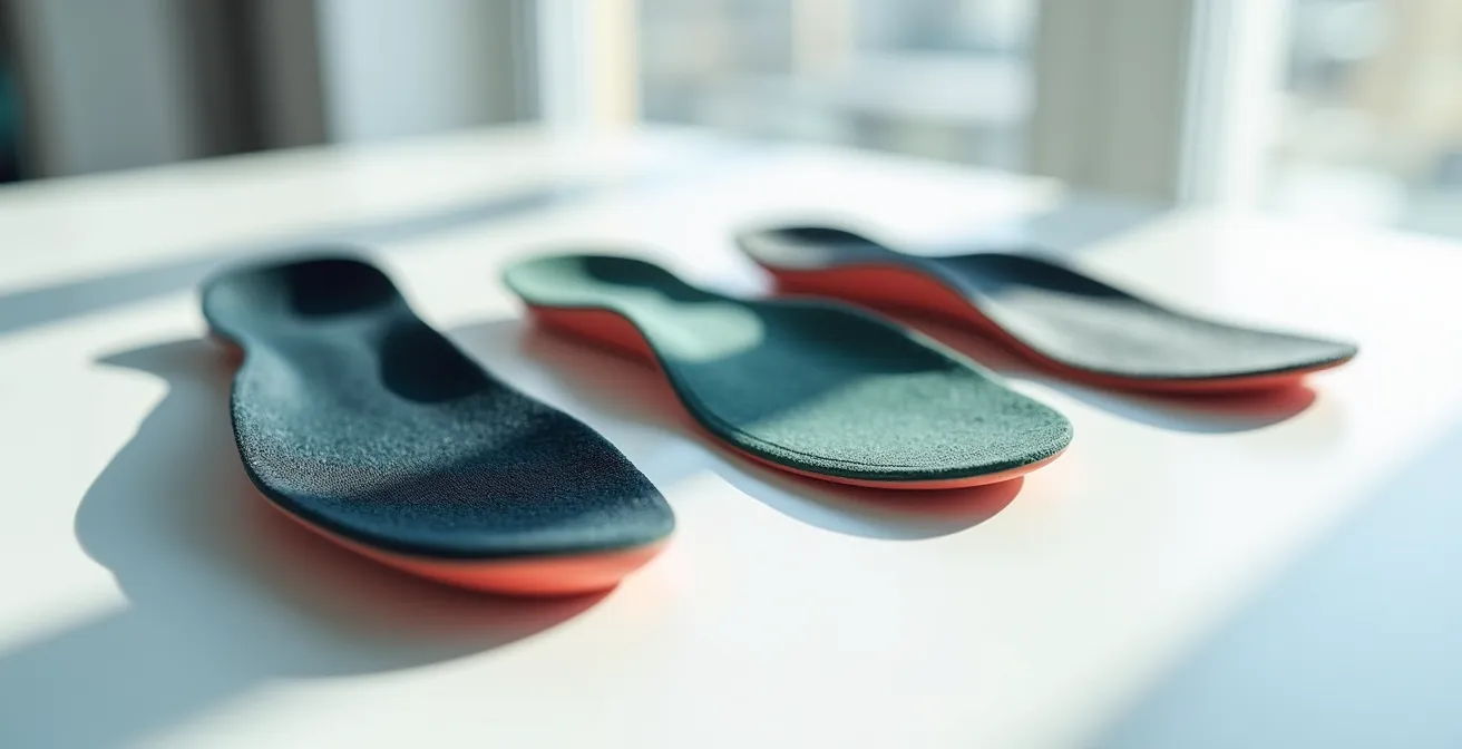 Vue macro détaillée de trois types de semelles de ski montrant les différences de voûte plantaire et de structure