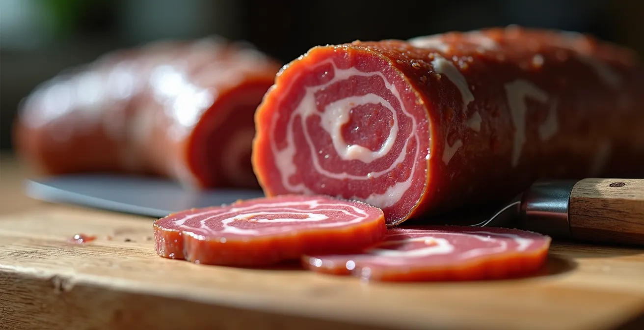 Gros plan macro sur la coupe d'un saucisson artisanal montrant la texture du gras et de la viande