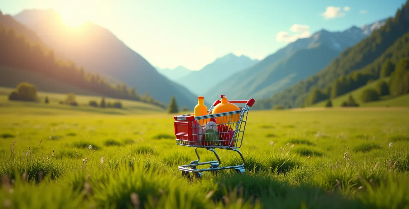 Vue aérienne minimaliste d'un caddie de supermarché dans un paysage de vallée verdoyante avec montagnes en arrière-plan