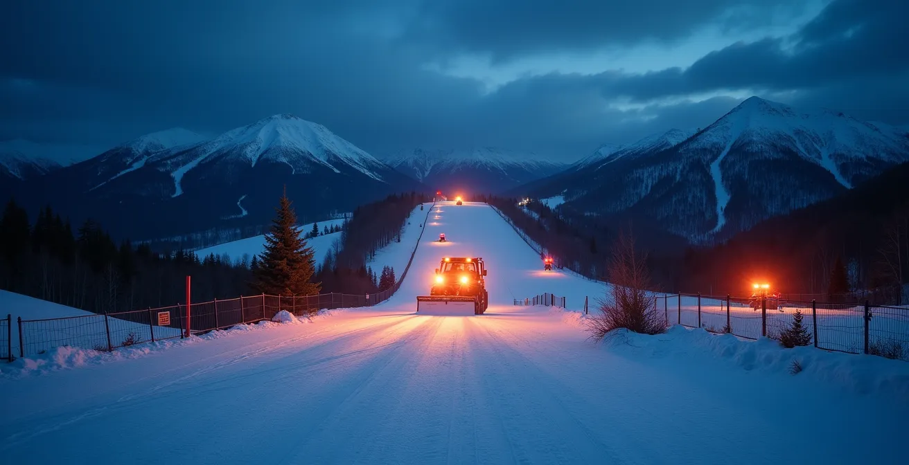Vue crépusculaire d'un front de neige avec dameuses en action et signalisation de sécurité