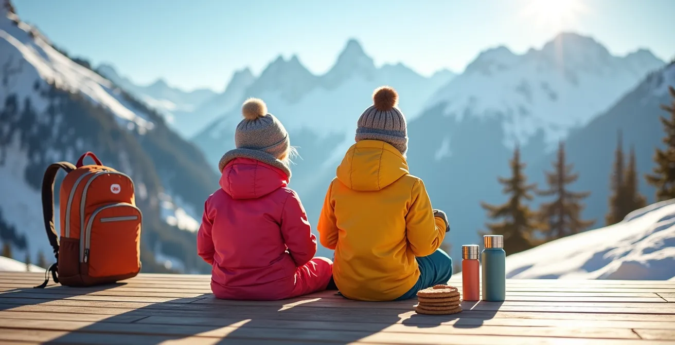Deux enfants en tenue de ski prenant leur goûter sur une terrasse ensoleillée face aux montagnes