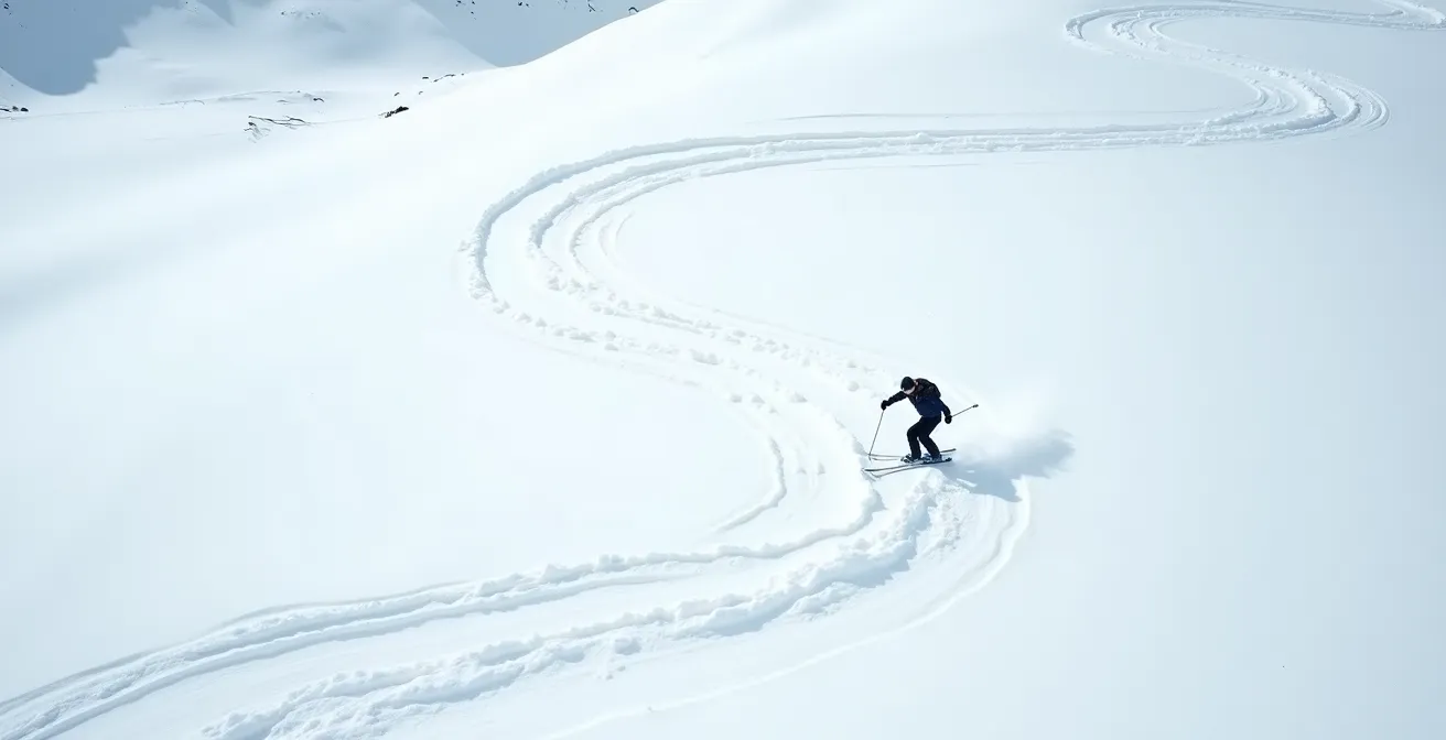 Skieur adulte effectuant un virage test sur piste bleue pour évaluer son niveau