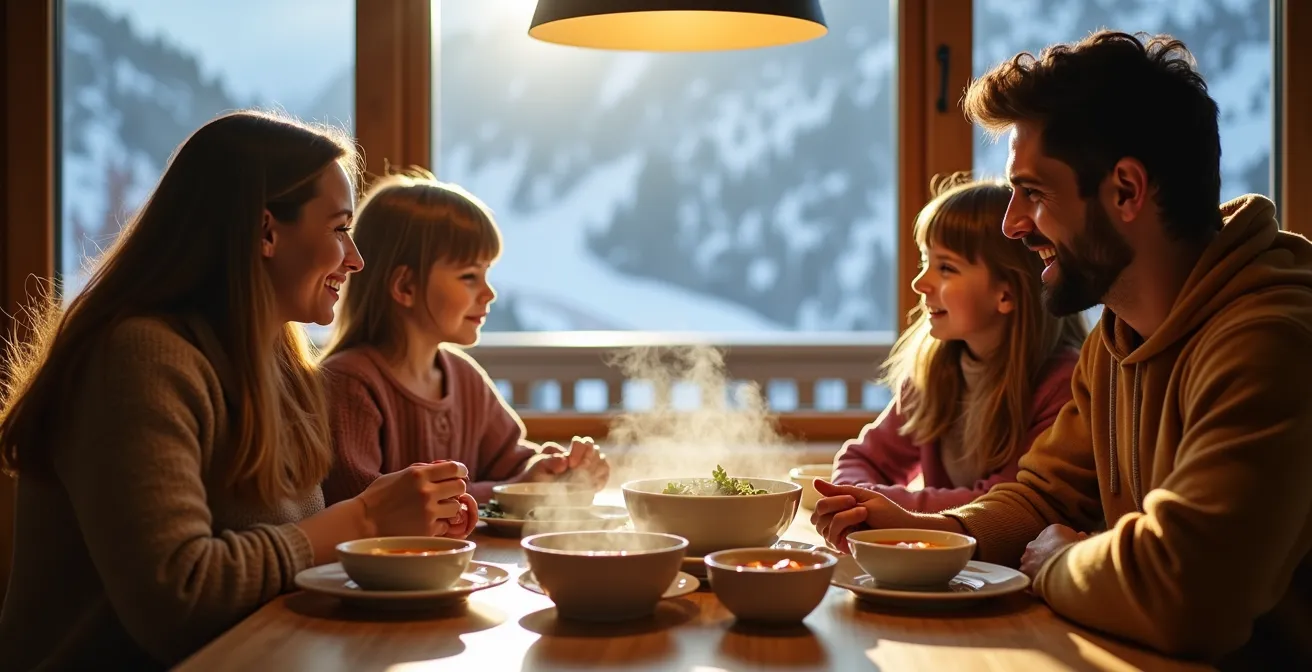 Famille déjeunant dans un appartement de montagne avec vue sur les pistes enneigées