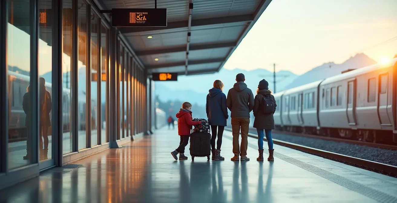 Famille avec enfants et équipement de ski dans une gare de montagne