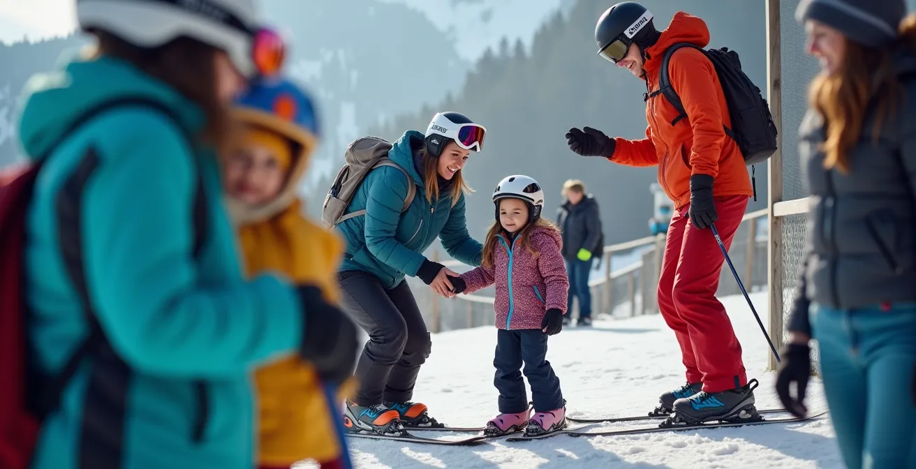 Famille se préparant à embarquer sur un télésiège avec enfants en montagne