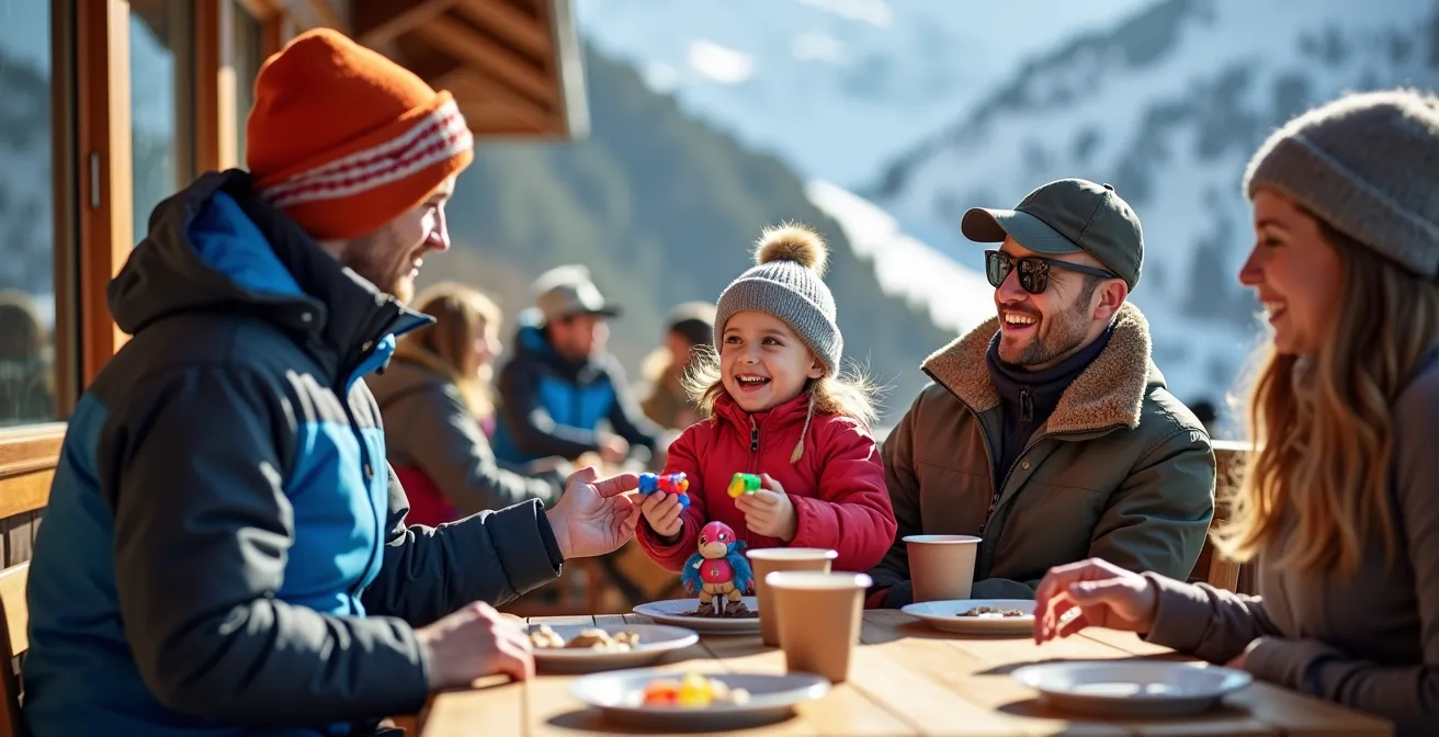 Parents échangeant la garde des enfants sur une terrasse ensoleillée de station de ski
