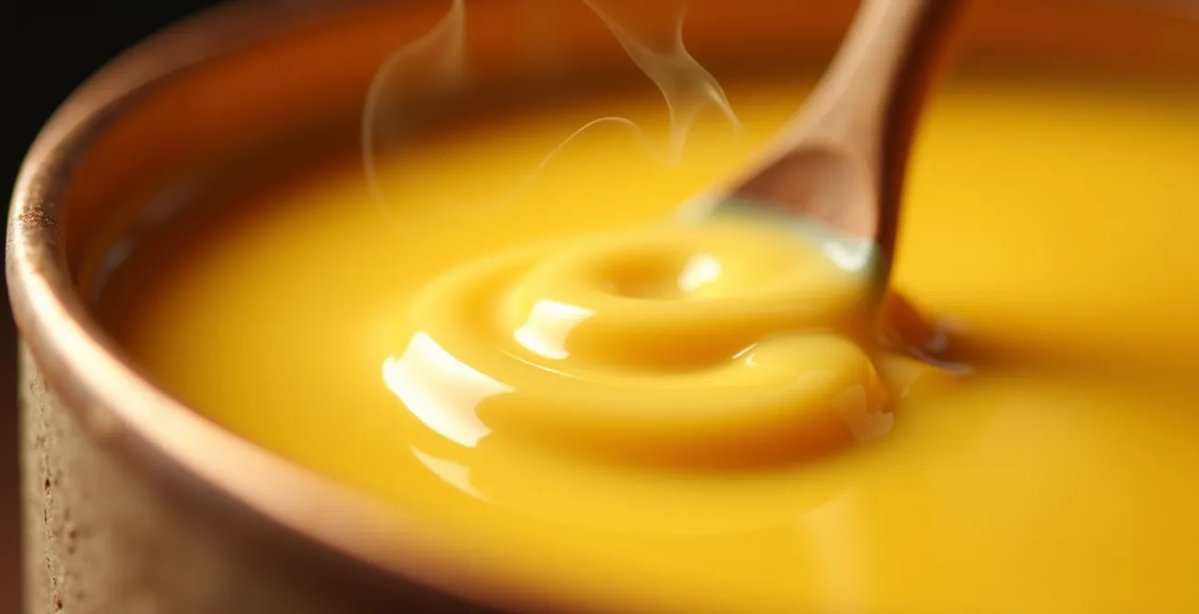 Gros plan sur une fondue au Beaufort parfaitement homogène dans un caquelon