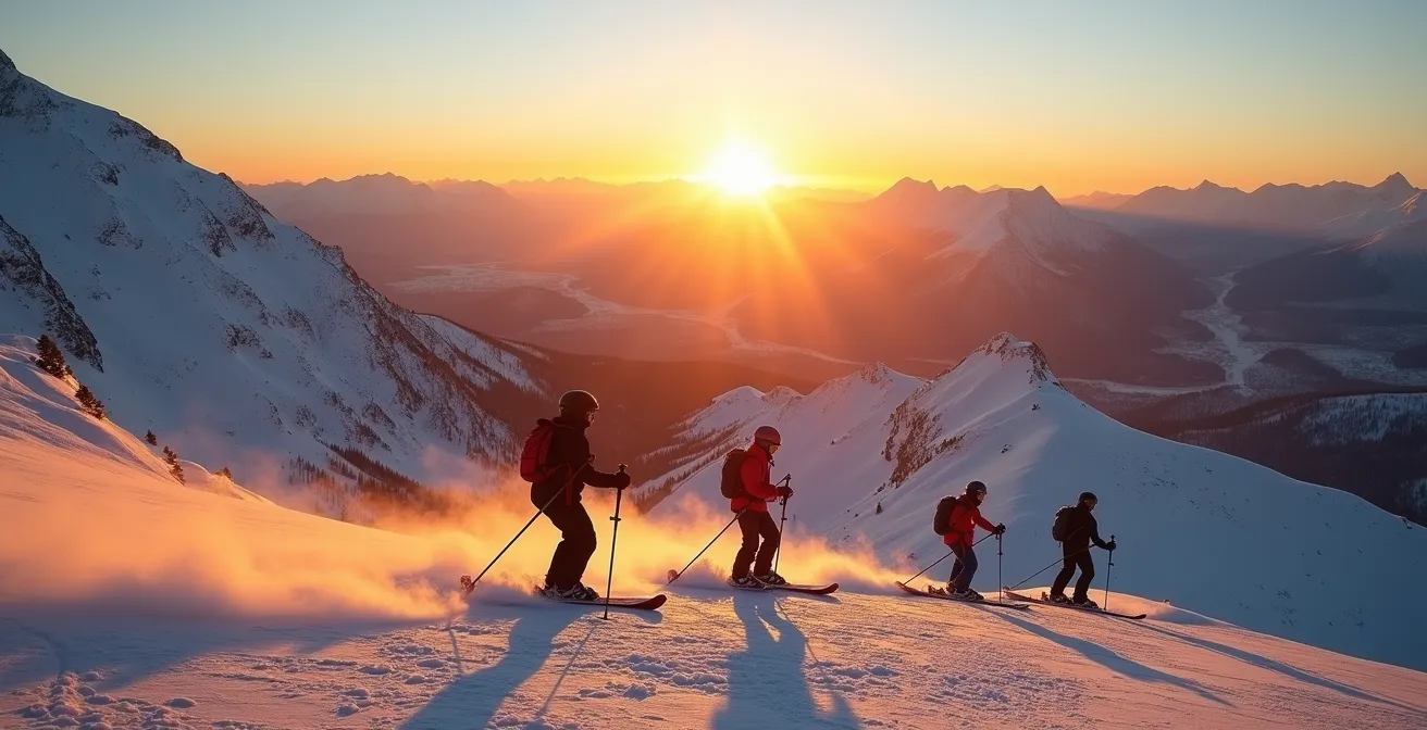 Groupe de skieurs descendant une pente au coucher du soleil en freerando
