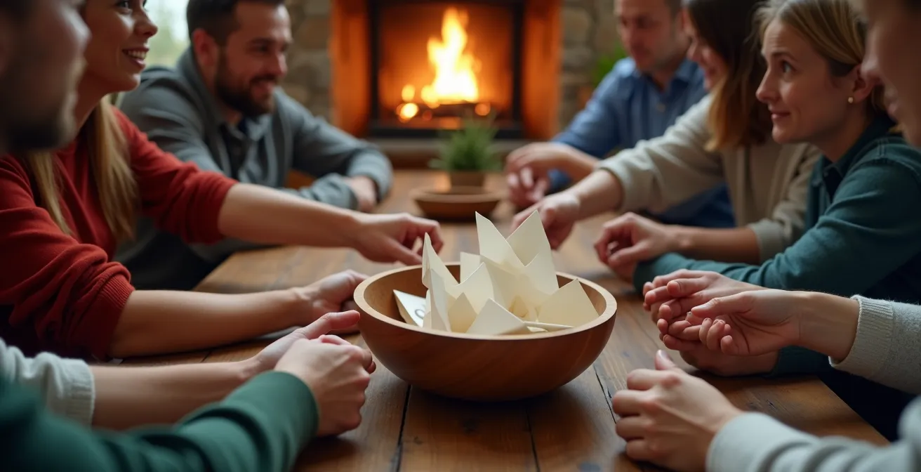 Groupe d'amis effectuant un tirage au sort autour d'une table en bois dans un chalet