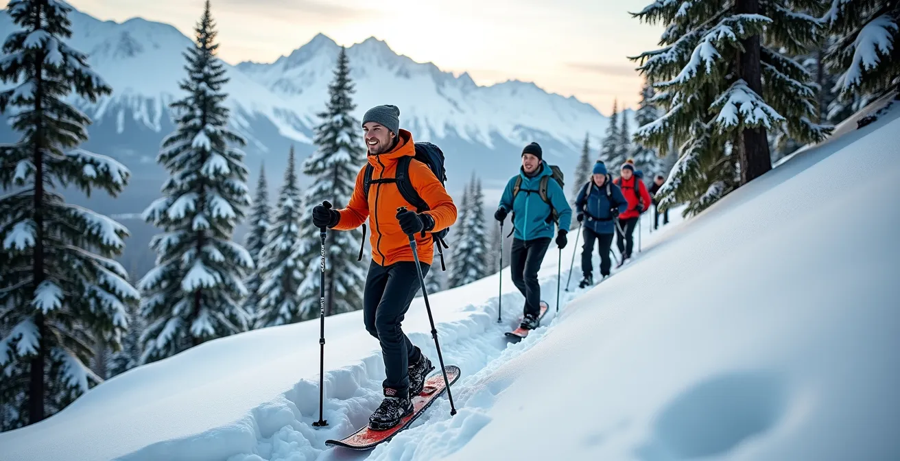 Groupe de randonneurs en raquettes profitant d'une sortie organisée en montagne