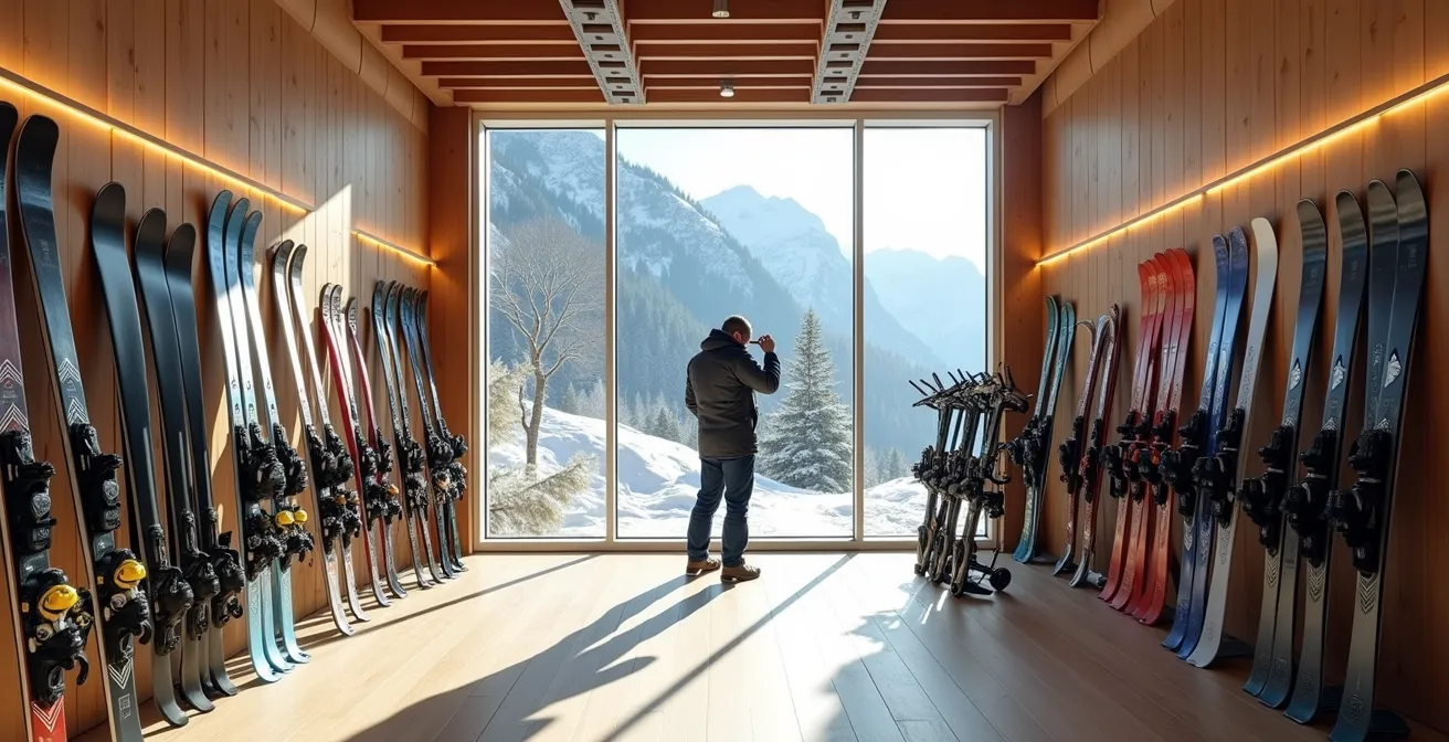 Vue large d'un magasin de location de ski en station avec différents types de matériel exposés