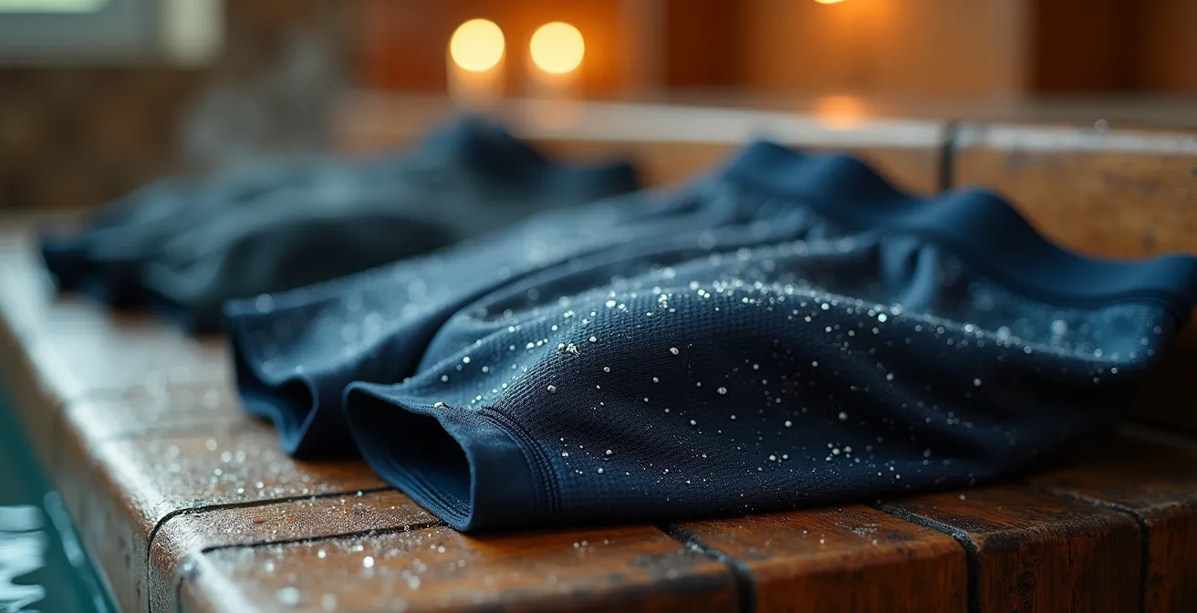 Gros plan sur des maillots de bain techniques pliés sur un banc en bois près d'un bassin thermal