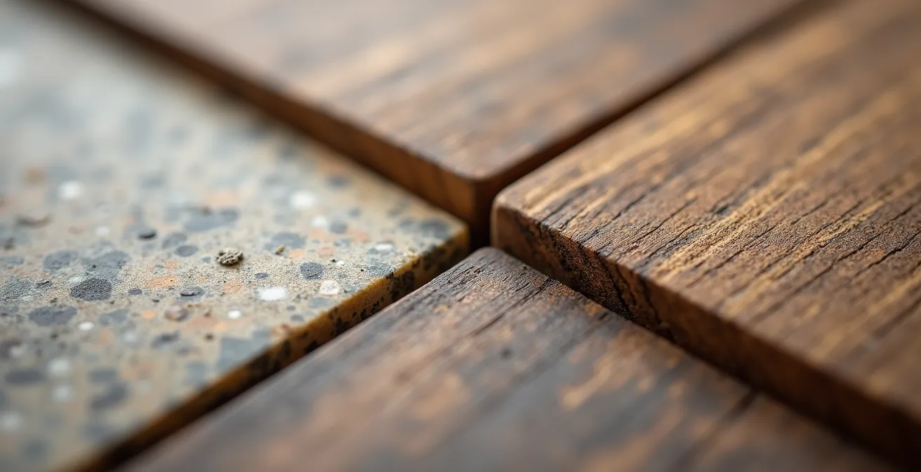 Détail macro de matériaux nobles comme le bois et la pierre dans une résidence de tourisme de luxe.