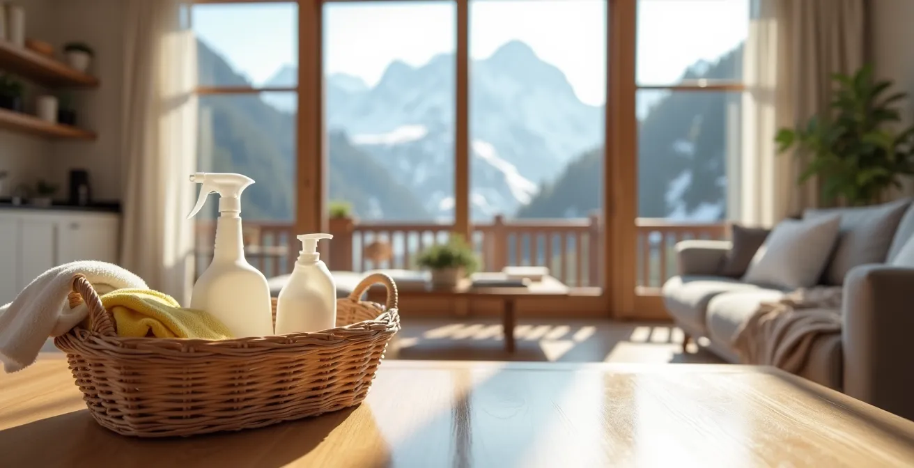 Vue d'ensemble d'un studio de montagne parfaitement rangé avec kit de nettoyage minimaliste