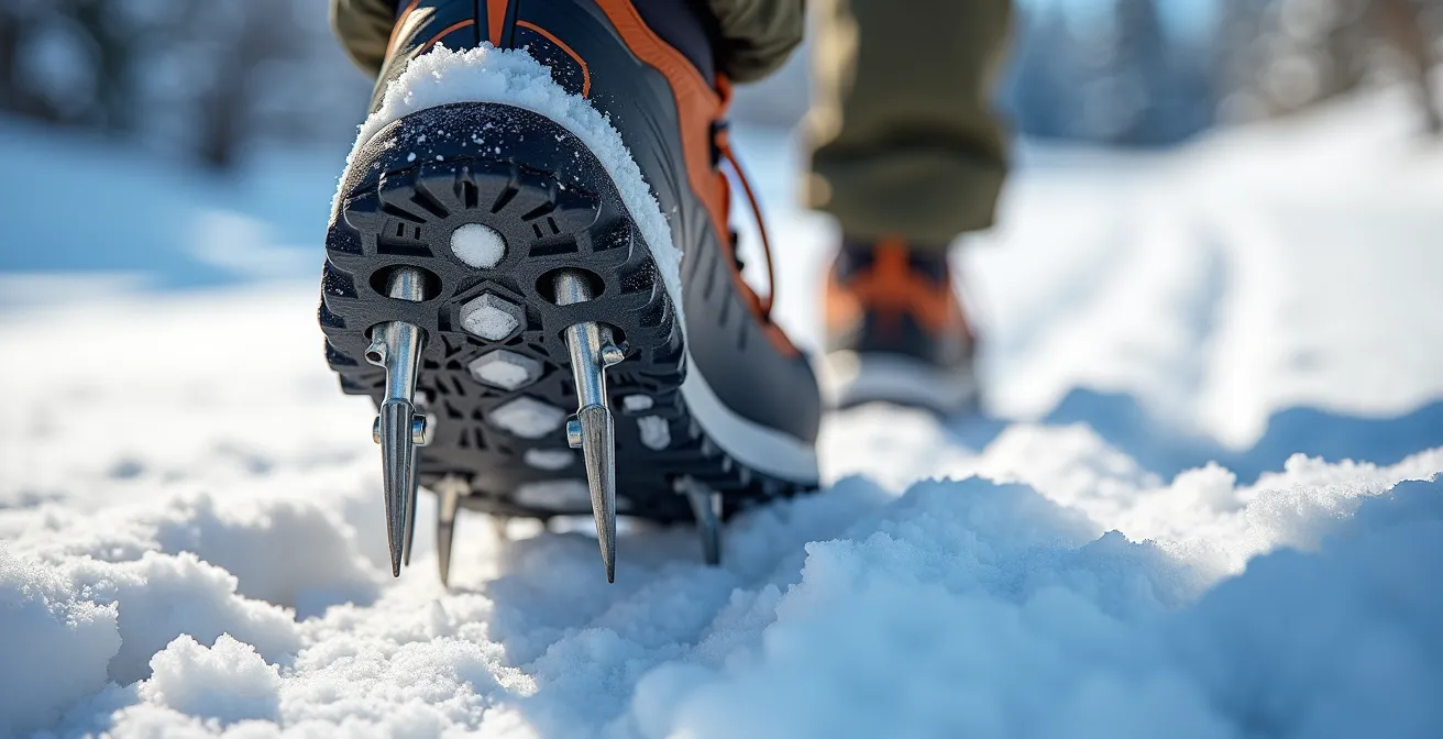 Gros plan sur des micro-crampons fixés à des chaussures de randonnée sur sentier enneigé