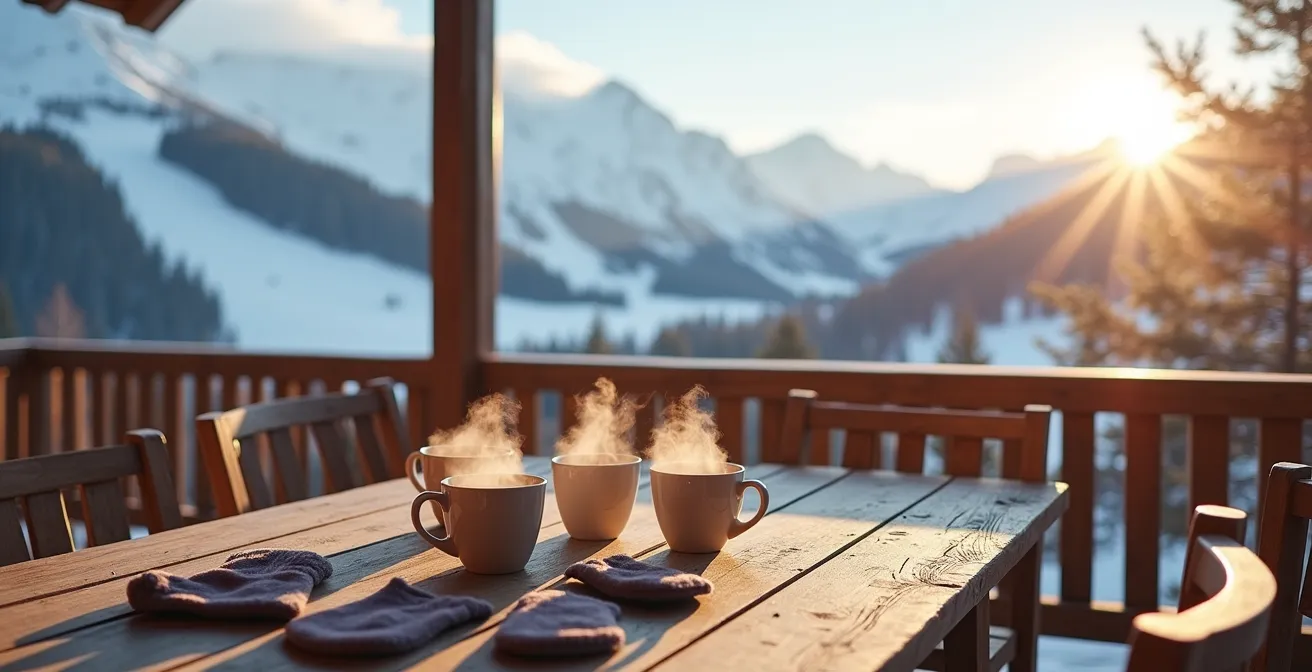 Vue large d'une terrasse de chalet avec vue sur les montagnes, table en bois avec tasses de chocolat chaud fumantes