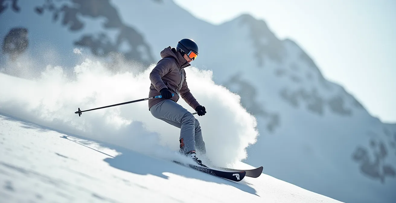 Séquence visuelle du mouvement de flexion-extension en ski poudreuse avec phases marquées