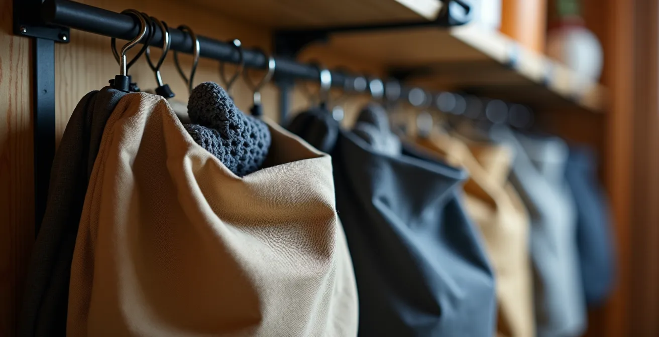 Vue d'un studio de ski avec système de rangement vertical innovant utilisant barres télescopiques et sacs suspendus