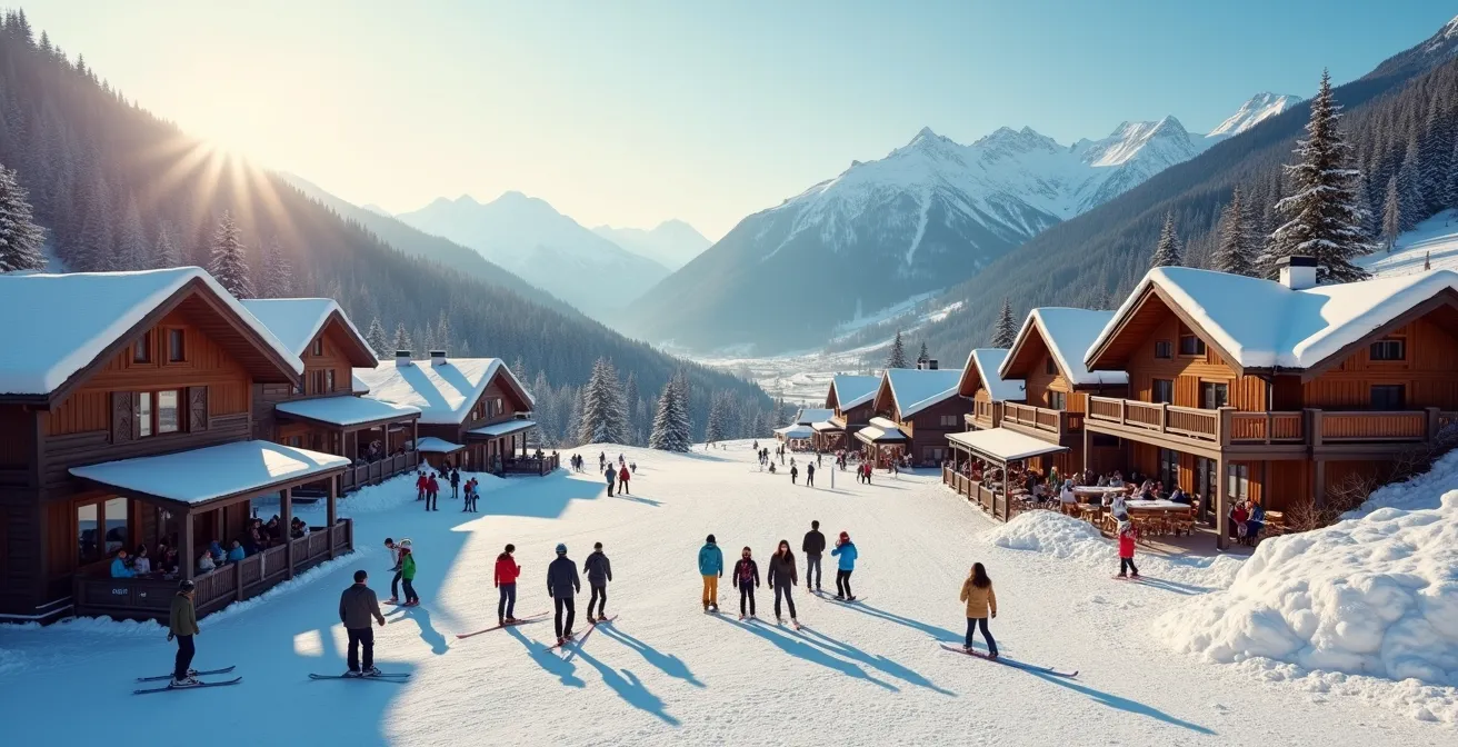 Vue panoramique d'une petite station de ski familiale avec chalets traditionnels et quelques remontées mécaniques