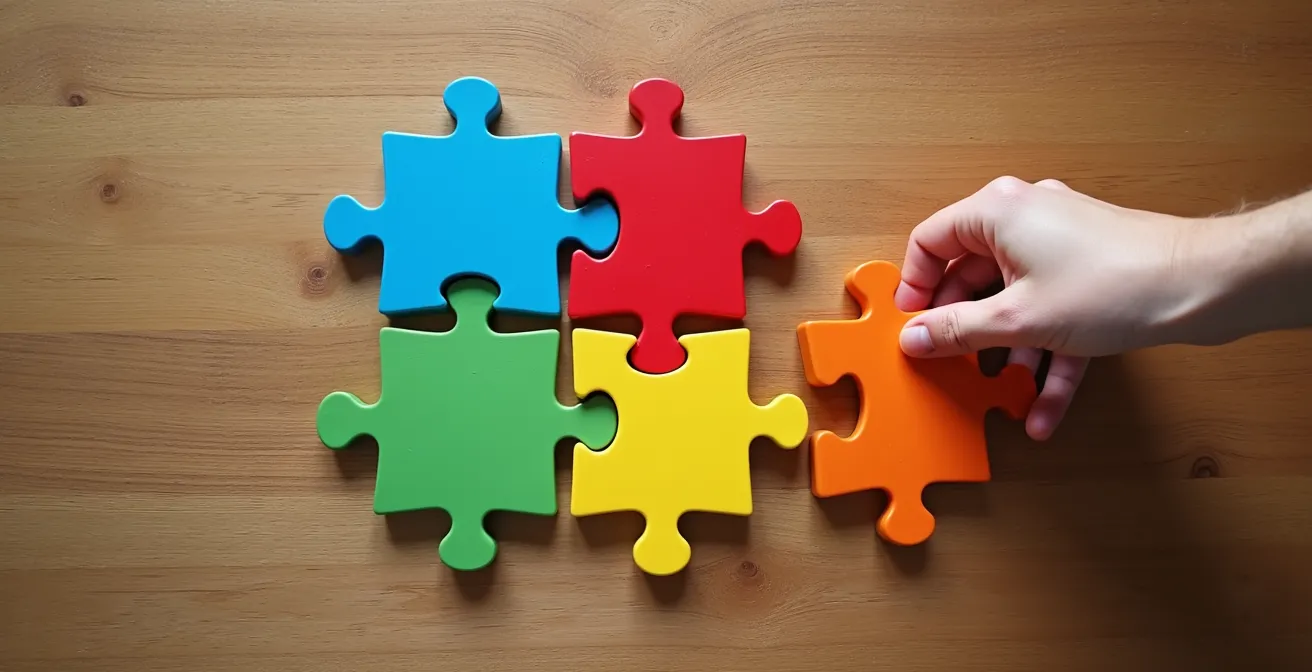 Vue aérienne de pièces de puzzle colorées représentant symboliquement les différents postes de budget, disposées sur une surface en bois