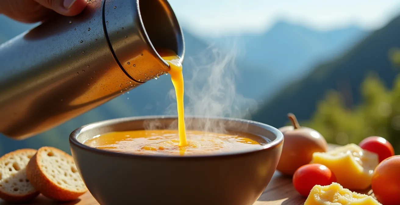 Gros plan sur un arrangement de contenants thermos et spécialités montagnardes sur une couverture à carreaux avec vue sur les sommets