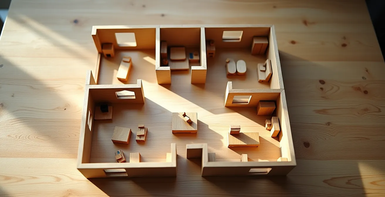 Vue aérienne de l'intérieur d'un grand gîte montrant la disposition des chambres et espaces communs