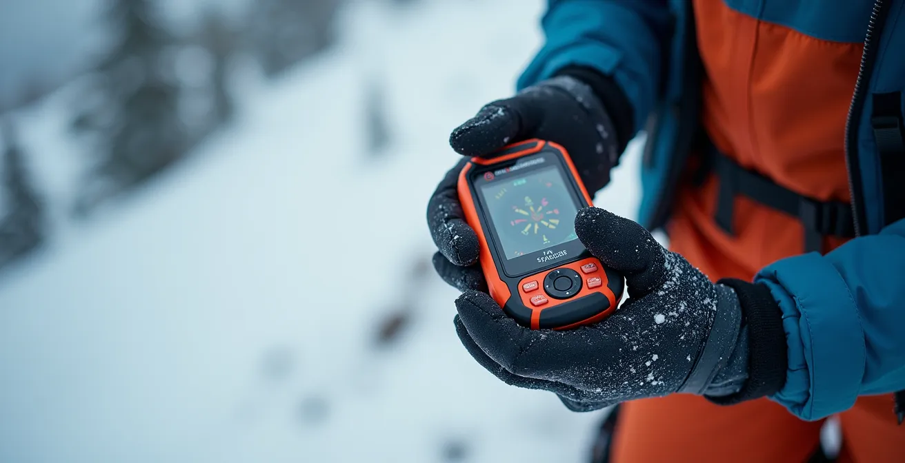 Skieur utilisant un DVA en mode recherche sur un dépôt d'avalanche