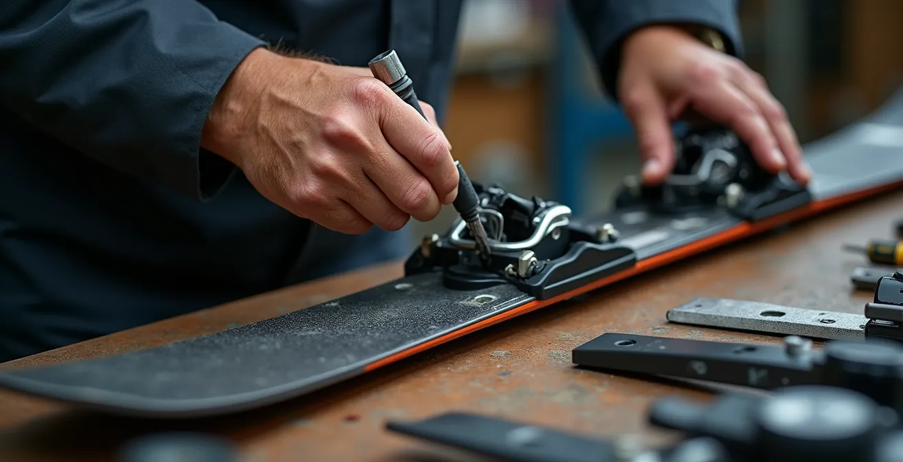 Main d'un technicien ajustant précisément une fixation de ski avec tournevis spécialisé