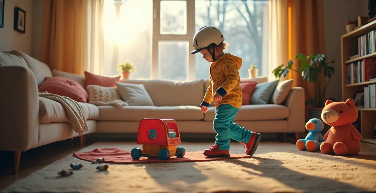 Enfant essayant sa tenue de ski dans le salon familial avec ses jouets autour