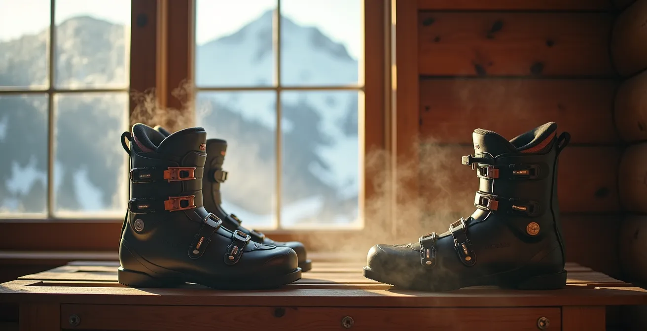 Dispositif de séchage de chaussures de ski dans un environnement de chalet montagnard épuré