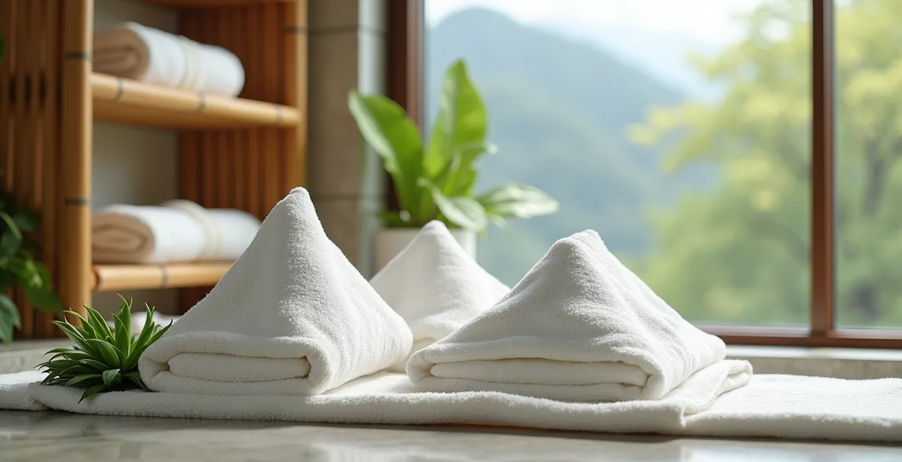 Pile de serviettes blanches moelleuses dans salle de bain spa avec plantes vertes