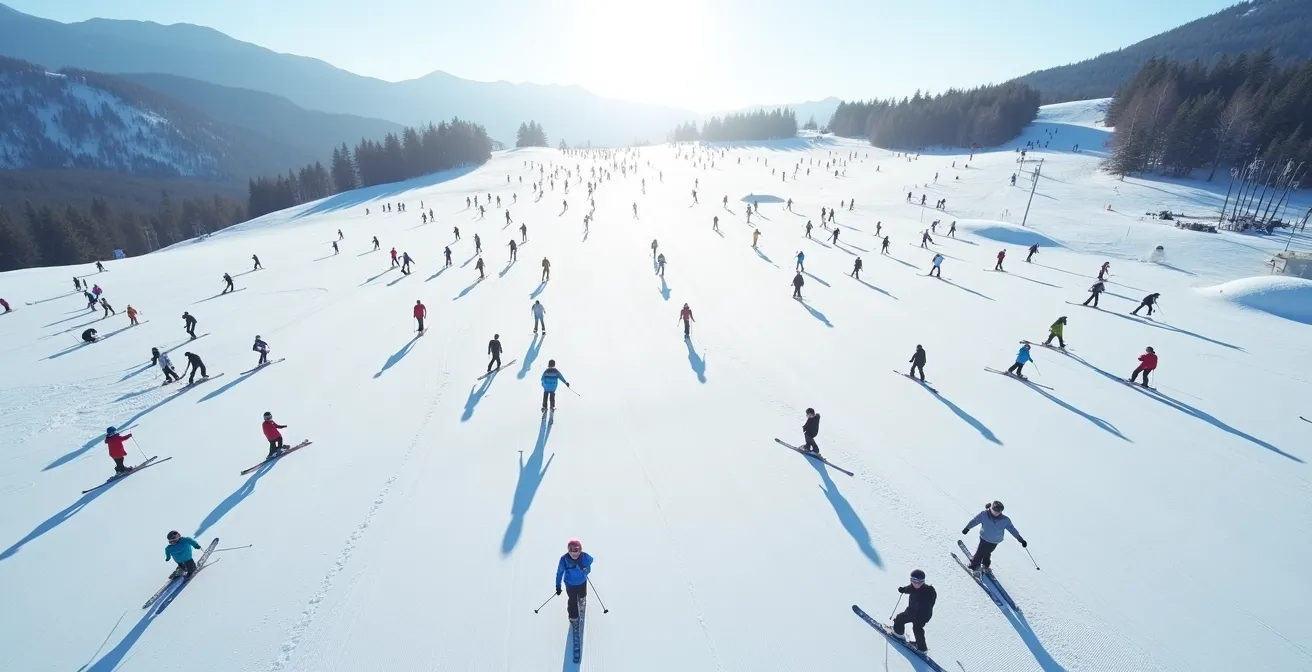 Vue aérienne d'une piste bondée avec différentes trajectoires de skieurs